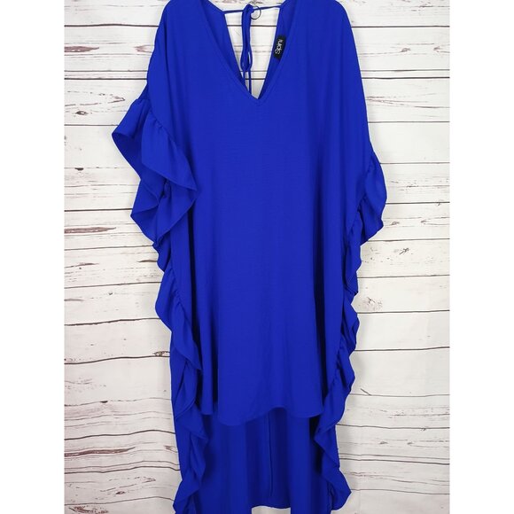 Boutique Flowing Blue Ruffled Kaftan Dress With V-Neck & Tie Back High Low - Picture 10 of 11